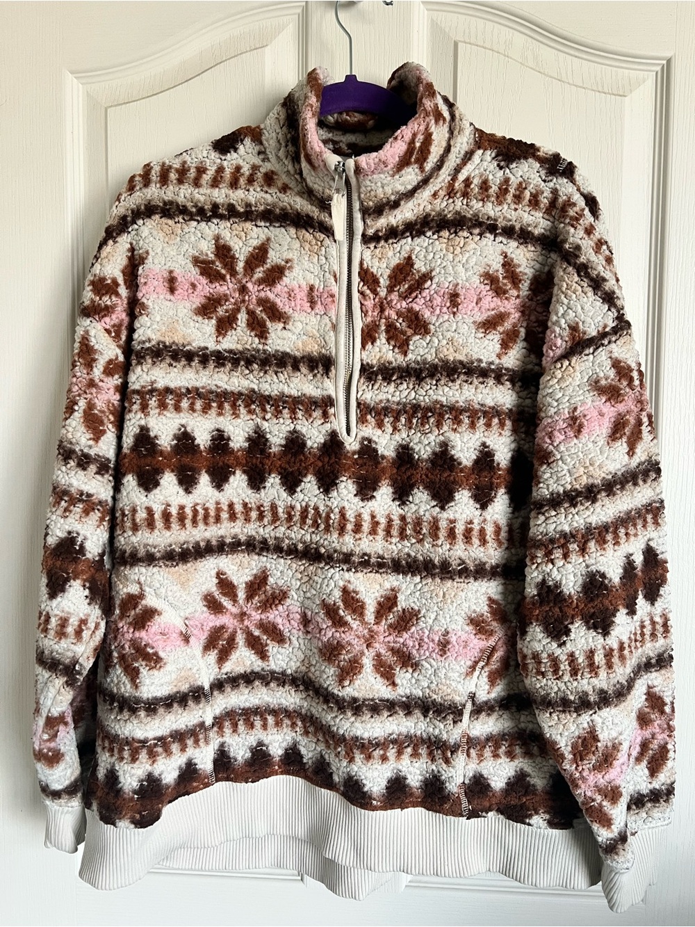 aerie Sherpa Half-Zip Pullover Sweater - Cream, Brown & Pink
